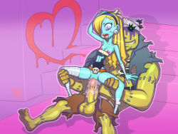 Rule 34 | 1boy, 1girl, armpits, bandaged head, bandages, belt, blonde hair, blue eyes, blue skin, breasts, clitoris, colored skin, earrings, exposed bone, green skin, hair over one eye, hairband, happy sex, hetero, highres, house of the dead, house of the dead ex, jewelry, leg grab, long hair, nipples, open mouth, penis, pussy, pussy juice, sega, sex, shiny skin, size difference, skindentation, small breasts, smile, spread legs, stitches, straddling, thigh grab, thighs, torn clothes, turk128, vaginal, wet, wide hips, zobiko, zobio, zombie, zombie girl