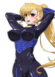 Rule 34 | 1girl, arms behind head, blonde hair, blush, bodysuit, breasts, cameltoe, covered erect nipples, eyebrows, green eyes, hair ornament, hair ribbon, heterochromia, highres, large breasts, long hair, lyrical nanoha, mahou shoujo lyrical nanoha strikers, monochrome background, no bra, no panties, open mouth, ponytail, red eyes, ribbon, shiny clothes, simple background, smile, solo, tappa (esperanza), very long hair, vivio, white background