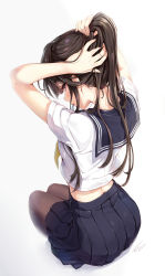 Rule 34 | 1girl, arms up, artist name, ass, back, black pantyhose, blue skirt, blush, brown hair, dated, from behind, hair tie, hair tie in mouth, highres, invisible chair, legs together, long hair, looking at viewer, looking back, midriff peek, mouth hold, neckerchief, original, pantyhose, pleated skirt, ponytail, profile, purple eyes, sailor collar, school uniform, serafuku, shirt, short sleeves, signature, sitting, skirt, solo, tel-o, tying hair, white shirt, yellow neckerchief