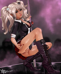 Rule 34 | 1girl, 2020, artist name, bear hair ornament, black footwear, blonde hair, boots, bow, breasts, calf boots, choker, cleavage, cleft of venus, crouching, danganronpa: trigger happy havoc, danganronpa (series), dated, enoshima junko, eyelashes, eyeshadow, female focus, fingernails, full body, hair ornament, high heel boots, high heels, large breasts, legs apart, looking at viewer, makeup, middle finger, nail polish, necktie, no panties, pink lips, pole, pussy, red bow, red nails, redridah, shiny skin, short sleeves, signature, solo focus, spread legs, stage, stripper pole, twintails, white necktie