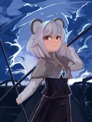Rule 34 | 1girl, absurdres, animal ears, black skirt, black vest, blush, breasts, capelet, clip studio paint (medium), closed mouth, commentary request, cowboy shot, crystal, dowsing rod, grey capelet, grey hair, highres, jewelry, lenserd, long sleeves, medium hair, mouse ears, mouse girl, nazrin, pendant, red eyes, shirt, skirt, small breasts, smile, solo, touhou, vest, white shirt