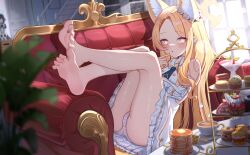 Rule 34 | 1girl, absurdres, animal ears, barefoot, blonde hair, blue archive, blush, feet, food, highres, long hair, looking at viewer, pancake, pancake stack, panties, pantyshot, parted lips, seia (blue archive), soles, striped clothes, striped panties, sweets, toes, underwear, yellow eyes