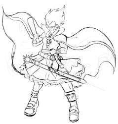 Rule 34 | 1boy, anklet, belt, blouse, bracelet, cape, commentary request, cosplay, crossdressing, dragon ball, dragonball z, earmuffs, full body, greyscale, high collar, holding, jewelry, looking at viewer, male focus, mazume, monochrome, neck ribbon, petticoat, ribbon, ritual baton, sandals, scabbard, sheath, sheathed, shirt, simple background, sketch, skirt, sleeveless, sleeveless shirt, solo, spiked hair, standing, sword, thick eyebrows, touhou, toyosatomimi no miko, toyosatomimi no miko (cosplay), vegeta, weapon, white background