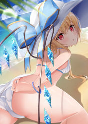 Rule 34 | 1girl, :o, absurdres, ass, back, bare shoulders, beach, bikini, blonde hair, blue bow, blue theme, blurry, blush, bokeh, bow, bracelet, breasts, cloud, crystal, day, depth of field, dutch angle, ekidona, embarrassed, flandre scarlet, hair between eyes, hat, highres, huge filesize, jewelry, light rays, looking at viewer, looking back, medium hair, panties, panty pull, red eyes, sand, shadow, sky, small breasts, sparkle, sun hat, sunbeam, sunlight, swimsuit, thighs, touhou, underwear, water, white bikini, white headwear, wings