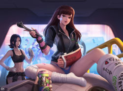 Rule 34 | 2girls, alternate costume, arm sling, bandage on face, bandages, bare arms, bare shoulders, black hair, breasts, brown eyes, brown hair, can, cast, citemer, cleavage, clothes around waist, d.mon (overwatch), d.va (overwatch), drink can, facing viewer, fingerless gloves, gloves, hand on own hip, hand up, happy, highres, holding, holding can, holding wrench, injury, jacket, korean text, leg cast, long hair, looking at viewer, matching hair/eyes, mecha, medium breasts, meka (overwatch), midriff, multiple girls, nano cola, navel, no pants, overwatch, overwatch 1, panties, parted lips, pov, robot, shirt, shirt around waist, shooting star d.va, short hair, sitting, smile, socket wrench, socks, soda can, soft drink, sports bra, standing, tied shirt, toned, tools, underwear, unworn headwear, wrench, zipper