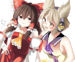 Rule 34 | 2girls, ascot, blonde hair, blush, bow, breasts, brown hair, closed mouth, commentary, detached sleeves, earmuffs, frilled bow, frilled hair tubes, frills, hair bow, hair tubes, hakurei reimu, hand on own hip, hasumi suzuna, long hair, multiple girls, open mouth, pointy hair, red bow, red skirt, ribbon-trimmed sleeves, ribbon trim, shirt, short hair, sideboob, skirt, skirt set, sleeveless, sleeveless shirt, smile, touhou, toyosatomimi no miko, yellow ascot