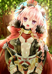 Rule 34 | 1boy, :d, armor, astolfo (fate), backlighting, bad id, bad pixiv id, black bow, black gloves, black panties, black skirt, black thighhighs, blush, bow, braid, buckle, bulge, center opening, cloak, clothes lift, commentary request, cowboy shot, crown, dappled sunlight, day, dot nose, fang, fate/apocrypha, fate (series), faulds, forest, fur-trimmed cloak, fur collar, fur trim, garter straps, gauntlets, gloves, gluteal fold, gold trim, gorget, hair between eyes, hair bow, hair intakes, hair over shoulder, happy, head tilt, heart, heart-shaped pupils, horn (instrument), juliet sleeves, lifted by self, light particles, long hair, long sleeves, looking at viewer, male focus, mini crown, miniskirt, nature, navel, open mouth, outdoors, panties, pink hair, puffy sleeves, purple eyes, raimu (yuzu-raimu), raised eyebrows, red cloak, single braid, skirt, skirt lift, smile, solo, standing, stomach, sunlight, symbol-shaped pupils, testicles, thigh gap, thighhighs, trap, tree, underwear