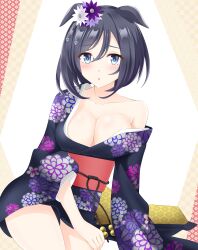 Rule 34 | 1girl, absurdres, alternate costume, animal ears, black hair, blush, breasts, cleavage, collarbone, commentary request, ear ornament, ears down, eishin flash (umamusume), floral print kimono, gurukorian, hair between eyes, highres, horse ears, horse girl, horse tail, japanese clothes, kimono, large breasts, looking at viewer, obi, open mouth, print background, purple kimono, sash, short hair, single bare shoulder, sitting, solo, tail, umamusume