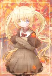 Rule 34 | 1girl, alternate costume, autumn, autumn leaves, bag, black capelet, black dress, blonde hair, blue eyes, blurry, blush, bow, capelet, casual, closed mouth, commentary request, crossed arms, day, depth of field, dress, eyes visible through hair, falling leaves, feet out of frame, frilled dress, frills, hair between eyes, heterochromia, highres, holding, holding bag, leaf, long hair, long sleeves, looking at viewer, maple leaf, nakatsu shizuru, outdoors, red bow, rewrite, signature, smile, solo, tareme, twintails, utuigawa, very long hair, wavy hair, yellow eyes