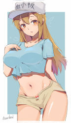 Rule 34 | 10s, 1girl, artist name, baseball cap, blue background, breasts, cleavage, collarbone, cowboy shot, groin, hand on own chest, hat, hataraku saibou, large breasts, light brown hair, long hair, looking at viewer, meow head, midriff, navel, aged up, orange eyes, panties, panty peek, platelet (hataraku saibou), shirt, short shorts, shorts, signature, simple background, solo, straight hair, two-tone background, undersized clothes, underwear, white background