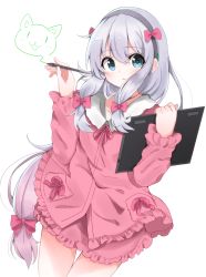 Rule 34 | 1girl, bad id, bad pixiv id, blue eyes, blush, bow, commentary request, eromanga sensei, hair bow, highres, himemiya shuang, izumi sagiri, long hair, looking at viewer, pajamas, pink bow, silver hair, simple background, solo, standing, stylus, tablet pc, white background