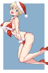 Rule 34 | 1girl, between legs, bikini, blonde hair, blue background, blue eyes, blush, border, brave witches, breast hold, breasts, buta-don, christmas, commentary, from side, frown, gloves, hand between legs, hat, high heels, highres, large breasts, legs, looking at viewer, nikka edvardine katajainen, open mouth, red bikini, red footwear, red gloves, red hat, santa bikini, santa gloves, santa hat, short hair, solo, string bikini, sweatdrop, swimsuit, thong bikini, white border, world witches series