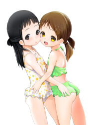 Rule 34 | 2girls, ass, belly-to-belly, bikini, black hair, brown eyes, brown hair, cheek-to-cheek, face-to-face, floral print, green bikini, hand on another&#039;s ass, hand on another&#039;s hip, heads together, highres, hug, long hair, low twintails, maki daikichi, multiple girls, one-piece swimsuit, open mouth, original, print swimsuit, simple background, smile, swimsuit, twintails, white background, white one-piece swimsuit