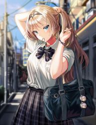 Rule 34 | 1girl, alternate costume, an-94 (girls&#039; frontline), arms behind head, bag, black bow, black bowtie, blonde hair, blue eyes, blue sky, blurry, blurry background, bow, bowtie, bracelet, building, day, girls&#039; frontline, hair tie in mouth, hairband, handbag, jewelry, light particles, long hair, looking at viewer, mouth hold, outdoors, plaid, plaid skirt, pleated skirt, school uniform, shirt, short sleeves, silence girl, skirt, sky, solo, standing, tying hair, utility pole, white shirt