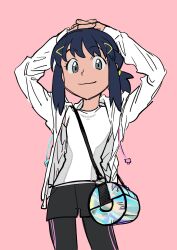 Rule 34 | 1girl, alternate costume, arms up, bag, black hair, black pantyhose, black shorts, closed mouth, commentary, creatures (company), dawn (pokemon), duffel bag, elizabeth (tomas21), eyelashes, game freak, grey eyes, hair ornament, hairclip, hands on own head, highres, jacket, long sleeves, looking at viewer, medium hair, nintendo, open clothes, open jacket, own hands together, pantyhose, pink background, pokemon, pokemon dppt, shirt, shorts, shoulder bag, simple background, sleeveless, sleeveless shirt, smile, solo, tassel, white jacket, white shirt