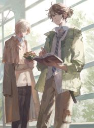 Rule 34 | 2boys, ahoge, alternate costume, andrew kreiss, bandaged neck, bandages, belt, blonde hair, book, brown hair, closed mouth, coat, coat on shoulders, collared shirt, flower, flower pot, green eyes, hair over one eye, highres, holding, holding book, holding flower pot, identity v, indoors, inupicnic, long sleeves, looking away, luca balsa, male focus, medium hair, multiple boys, necktie, open book, parted lips, pink flower, plant, ponytail, potted plant, red eyes, shirt, short hair, striped necktie, sweater, symbol-shaped pupils, tree, white shirt, window, x-shaped pupils