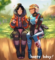 Rule 34 | 1girl, apex legends, armor, bandaged leg, bandages, black gloves, black hair, blonde hair, blood, blood on clothes, blue bodysuit, bodysuit, borrowed clothes, bright pupils, commission, flower, gloves, goggles, goggles on headwear, grass, hair bun, happy birthday, heart, helmet, highres, hood, hooded jacket, jacket, lila (lilakeylk), looking down, official alternate costume, pink bodysuit, single hair bun, sitting, smile, void specialist wraith, wattson (apex legends), white headwear, white pupils, wired for speed wattson, wraith (apex legends), yuri