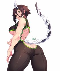 Rule 34 | 1girl, arched back, arm at side, arm grab, artist name, ass, bad id, bad twitter id, bare shoulders, bodysuit, bone tail, breasts, brown pants, closed mouth, cowboy shot, crop top, from behind, full body, green eyes, hair between eyes, horns, jjune, legs apart, looking at viewer, looking back, medium breasts, muscular, muscular female, original, pants, pink lips, short hair, shoulder blades, simple background, single horn, skin tight, skindentation, sleeveless, sleeveless bodysuit, smile, solo, tail, twisted torso, underboob, white background