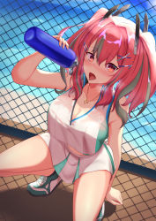 Rule 34 | 1girl, azur lane, bare shoulders, bottle, bow, breasts, bremerton (azur lane), bremerton (scorching-hot training) (azur lane), chain-link fence, cocoablue23, commentary, commentary request, crop top, crop top overhang, fence, grey hair, hair between eyes, hair bow, hair ornament, hairclip, heart, heart necklace, highres, kneeling, large breasts, long hair, mole, mole under eye, multicolored hair, necklace, open mouth, pink eyes, pink hair, shirt, sidelocks, sleeveless, sleeveless shirt, sportswear, streaked hair, tennis, tennis court, tennis uniform, tongue, tongue out, two-tone shirt, two-tone skirt, water bottle, x hair ornament
