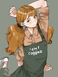 Rule 34 | 1girl, apron, arm behind back, arm up, brown eyes, brown shirt, green apron, grey background, highres, koito231, long hair, looking at viewer, original, red hair, shirt, simple background, solo, twintails, white footwear