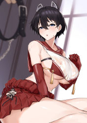 Rule 34 | 1girl, absurdres, animal ears, black hair, blue archive, blue eyes, breasts, collar, commentary, dawalixi, disembodied hand, elbow gloves, gloves, highres, large breasts, miniskirt, parted lips, pleated skirt, red gloves, red skirt, sailor collar, see-through, short hair, sideboob, skirt, tsubaki (blue archive), underboob