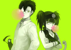 Rule 34 | back-to-back, beros, black hair, blood lad, chewing gum, choker, couple, glasses, green eyes, jewelry, necklace, simple background, snake, tagme, vampire, vlad d. braz
