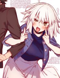 Rule 34 | 1boy, 1girl, black hair, black jacket, blue jacket, blue shirt, blush, breasts, fate/grand order, fate (series), fujimaru ritsuka (male), grey hair, highres, jacket, jeanne d&#039;arc alter (avenger) (fate), jeanne d&#039;arc alter (fate), large breasts, long sleeves, looking at viewer, middle finger, mitsurugi sugar, open clothes, open jacket, open mouth, shirt, short hair, skirt, tongue, tongue out, translation request, white skirt, yellow eyes