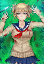 Rule 34 | 10s, 1girl, blonde hair, blood, blood stain, blood on clothes, blood on hands, boku no hero academia, double bun, easonx, eyelashes, from above, grass, hair bun, knife, looking at viewer, lying, messy hair, on back, sailor collar, school uniform, skirt, smile, solo, toga himiko, upper body, yellow eyes