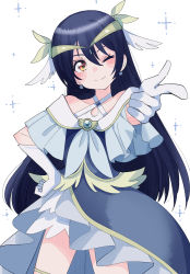 Rule 34 | 1girl, ;), arm up, blue hair, blush, commentary request, cosplay, cowboy shot, cream (nipakupa), cure earth, cure earth (cosplay), earrings, gloves, hair between eyes, hand on own hip, healin&#039; good precure, jewelry, long hair, looking at viewer, love live!, love live! school idol project, one eye closed, outstretched arm, pointing, pointing at viewer, precure, simple background, smile, solo, sonoda umi, voice actor connection, white gloves, yellow eyes