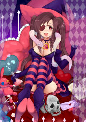Rule 34 | 1girl, amo (rnrkrn), argyle, boots, breasts, brown hair, cleavage, convenient leg, erlenmeyer flask, eyepatch, flask, frilled pillow, frills, heart, heart-shaped pillow, heart-shaped pupils, highres, jewelry, large breasts, letter, love letter, open mouth, original, pendant, pillow, potion, red eyes, scissors, skull, snake, solo, striped clothes, striped thighhighs, stuffed animal, stuffed toy, symbol-shaped pupils, teeth, thighhighs, thread, twintails, vial