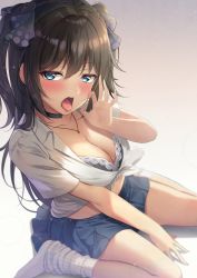 Rule 34 | 1girl, absurdres, black bra, black choker, black skirt, blue eyes, bra, breasts, brown hair, choker, cleavage, collarbone, fellatio gesture, highres, jewelry, kneehighs, lace, lace-trimmed bra, lace trim, large breasts, long hair, looking at viewer, love live!, love live! nijigasaki high school idol club, miniskirt, necklace, oku 1225, open mouth, osaka shizuku, pleated skirt, shirt, short sleeves, sitting, skirt, socks, solo, tongue, tongue out, two side up, underwear, wariza, white shirt, white socks
