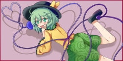 Rule 34 | 1girl, blush, bow, elbow rest, green eyes, green hair, hat, hat bow, heart, heart of string, komeiji koishi, leg lift, looking back, lying, matching hair/eyes, mono (mono60), on stomach, open mouth, simple background, solo, third eye, touhou