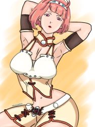Rule 34 | 1girl, alkanoid743, armband, armor, armored dress, armpits, arms behind head, arms up, belt, breasts, cleavage, female focus, headband, highres, navel, nina dragnot, pink hair, red eyes, shingeki no bahamut, shingeki no bahamut: virgin soul, short hair, solo