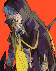 Rule 34 | 1boy, absurdres, arm ribbon, black coat, black gloves, black pants, blood, blood on face, caelus (honkai: star rail), chain, coat, covering own mouth, fingerless gloves, gloves, gold chain, grey hair, hair between eyes, hand up, highres, holding, holding weapon, honkai: star rail, honkai (series), hood, hooded coat, long sleeves, looking at viewer, male focus, open clothes, open coat, pants, pocket watch, red background, ribbon, shirt, short hair, simple background, solo, standing, t-shirt, toramaru (696anna), trailblazer (honkai: star rail), two-sided coat, two-sided fabric, watch, weapon, white shirt, yellow coat, yellow eyes, yellow ribbon