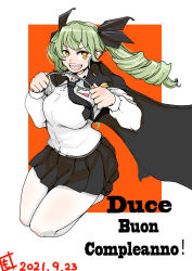 Rule 34 | 1girl, anchovy (girls und panzer), anzio school uniform, artist name, belt, black belt, black cape, black footwear, black necktie, black ribbon, black skirt, brown eyes, cape, commentary, dated, dress shirt, drill hair, emblem, girls und panzer, green hair, hair ribbon, happy birthday, highres, holding, holding riding crop, italian text, kneeling, long hair, long sleeves, looking at viewer, miniskirt, monji (crazy flogman 1), necktie, open mouth, outside border, pantyhose, pleated skirt, red background, ribbon, riding crop, school uniform, shirt, shoes, signature, skirt, smile, solo, translated, twin drills, twintails, white pantyhose, white shirt, wing collar
