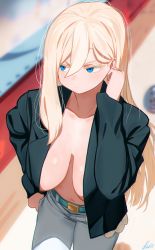 Rule 34 | 1girl, adjusting hair, belt, black jacket, blonde eyebrows, colored eyelashes, blonde hair, blue belt, blue eyes, blurry, blurry background, breasts, closed mouth, colored eyelashes, commentary request, denim, depth of field, hair between eyes, hand in pocket, highres, jacket, jeans, large breasts, long sleeves, mixed-language commentary, no bra, open clothes, open jacket, original, pants, ryusei hashida, signature, solo, standing, straight hair, white pants