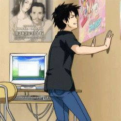 Rule 34 | 00s, 1boy, against wall, animated, animated gif, computer, facewall, headbanging, indoors, keyboard (computer), lowres, male focus, monitor, nhk ni youkoso!, poster (object), satou tatsuhiro, short hair, solo
