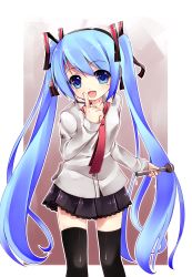 Rule 34 | 1girl, absurdres, aged down, black skirt, black thighhighs, blue eyes, blue hair, collarbone, colorized, hatsune miku, headset, highres, lace, lace-trimmed skirt, lace trim, long hair, matching hair/eyes, microphone, miniskirt, necktie, open mouth, pleated skirt, sasakichi (ssk chi), skirt, solo, thighhighs, twintails, very long hair, vocaloid