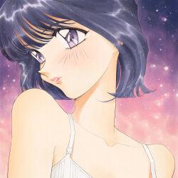 Rule 34 | 1990s (style), 1girl, album cover, black hair, blush, camisole, collarbone, cover, highres, looking to the side, original, parted lips, pink lips, portrait, purple eyes, retro artstyle, short hair, solo, space, star (sky), white camisole, yue (yung n dum )