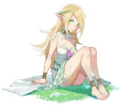 Rule 34 | 1girl, aisutabetao, anklet, barefoot, blonde hair, bracelet, breasts, choker, daisy, dress, earrings, elf, feet, feet together, flower, full body, grass, green eyes, jewelry, laurels, legs together, long hair, looking at viewer, medium breasts, necklace, original, pointy ears, sitting, smile, solo, white dress