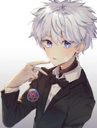 Rule 34 | 1boy, arm at side, bandage on face, bandages, black bow, black bowtie, black jacket, black suit, blue eyes, blush, bow, bowtie, collared shirt, commentary, formal, gradient background, hair between eyes, hand up, highres, holding, hunter x hunter, jacket, jewelry, killua zoldyck, long sleeves, looking at viewer, male focus, messy hair, mmo (mmo omm938), ring, shirt, short hair, simple background, solo, spiked hair, star (symbol), suit, tongue, tongue out, turtleneck, undershirt, upper body, white hair, white shirt, yo-yo