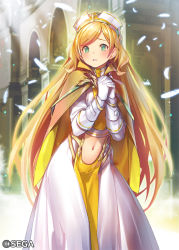 Rule 34 | 1girl, arch, blonde hair, blue eyes, blush, cape, clothing cutout, dress, feathers, gloves, hands up, indoors, interlocked fingers, long hair, navel, navel cutout, official art, own hands together, parted bangs, popqn, solo, standing, very long hair, watermark, white dress, white feathers, white gloves, wonderland wars, yellow cape