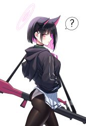 Rule 34 | 1girl, ?, absurdres, animal ears, ass, asymmetrical hair, black hair, black hoodie, black pantyhose, blue archive, breasts, bren lmg, cat ears, clothes lift, colored inner hair, from side, gwonhu (pjj910), hair ornament, hairclip, halo, hands in pockets, highres, hood, hood down, hoodie, kazusa (blue archive), light machine gun, looking at viewer, looking to the side, miniskirt, multicolored hair, panties, pantyhose, parted lips, pink eyes, pink hair, pleated skirt, short hair, simple background, skirt, skirt lift, solo, spoken question mark, two-tone hair, underwear, walking, white background, white panties, white skirt