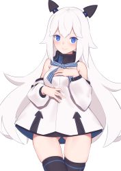 Rule 34 | 1girl, bare shoulders, black thighhighs, blue bow, blue eyes, blush, bow, bowtie, detached sleeves, dress, evelyn (final gear), final gear, gluteal fold, hands on own chest, highres, horns, jilu, long hair, long sleeves, looking at viewer, short dress, simple background, skindentation, smile, solo, thighhighs, very long hair, white background, white dress, white hair, white sleeves