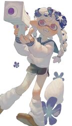 Rule 34 | 1girl, baggy socks, black shorts, blue flower, blue sailor collar, braid, brown footwear, commentary request, dolphin shorts, fangs, flower, foot out of frame, hair flower, hair ornament, head wreath, highres, holding, holding weapon, inkling, inkling girl, inkling player character, long hair, nintendo, open mouth, pointy ears, red eyes, sailor, sailor collar, shell hair ornament, shirt, shorts, socks, solo, splatoon (series), splatoon 3, splattershot jr (splatoon), tentacle hair, tiripow, twin braids, twitter username, weapon, white background, white hair, white shirt, white socks, white trim