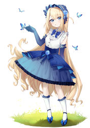 Rule 34 | 1797928123, 1girl, ankle strap, blonde hair, blue butterfly, blue eyes, blush, bow, bowtie, brooch, bug, butterfly, butterfly on hand, dress, dress flower, elbow gloves, flower, footwear bow, frilled dress, frilled gloves, frilled sleeves, frilled socks, frills, full body, gloves, hairband, highres, insect, jewelry, lolita hairband, long hair, original, parted lips, rose, socks, solo, strappy heels, two side up, underbust, very long hair