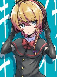 Rule 34 | 1girl, black capelet, black gloves, black vest, blonde hair, blue background, blue eyes, blush stickers, bow, bowtie, braid, bright pupils, capelet, cevio, chichipansy, closed mouth, commentary, cookie (touhou), elbow gloves, expressionless, flat chest, gloves, hands on headphones, headphones, highres, kirisame marisa, long hair, looking at viewer, marshall maximizer (cevio), meguru (cookie), purple bow, red bow, red bowtie, shirt, side braid, single braid, solo, touhou, upper body, vest, white pupils, white shirt