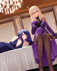 2girls absurdres ahoge alma_armas blonde_hair breasts chandelier cleavage closed_mouth covered_navel dress dutch_angle feet_out_of_frame glasses gloves hand_on_own_face hand_up highres indoors jill_stingray large_breasts long_hair looking_at_viewer lying multiple_girls on_side parted_lips plunging_neckline purple_dress purple_gloves red_eyes semi-rimless_eyewear sitting sleeveless sleeveless_dress sleeveless_turtleneck_dress smile thighhighs twintails va-11_hall-a yanagui_yugi yellow_eyes