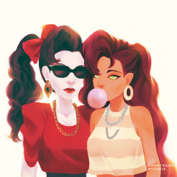 Rule 34 | 2girls, alternate costume, bow, bubble, chewing gum, dc comics, donna troy, earrings, glasses, green eyes, hair bow, jewelry, lipstick, lowres, makeup, multiple girls, necklace, ponytail, red shirt, shirt, starfire, striped clothes, striped shirt, sunglasses, teen titans