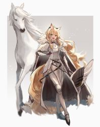Rule 34 | 1girl, :d, absurdres, animal ear fluff, animal ears, arknights, armor, blemishine (arknights), blonde hair, breastplate, extra ears, full body, fur trim, greaves, highres, holding, holding shield, holding weapon, horse, horse ears, horse girl, horse tail, long hair, looking at viewer, open mouth, plate armor, ryat, shield, smile, solo, tail, vambraces, weapon, white background, yellow eyes
